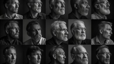 Diverse men of different ages and backgrounds in moments of quiet reflection showing the universal yet often hidden experience of men's mental health struggles.  