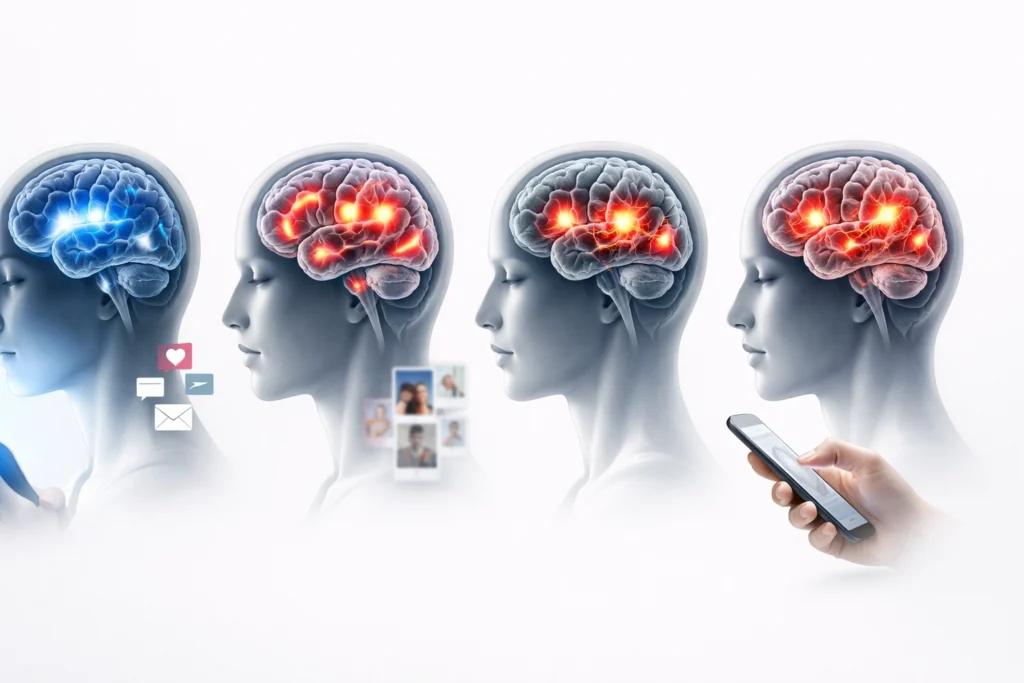 Screen time affects brain scans. Four scientific pathways showing how screen overuse damages mental health through sleep disruption, attention fragmentation, social comparison, and dopamine dysregulation