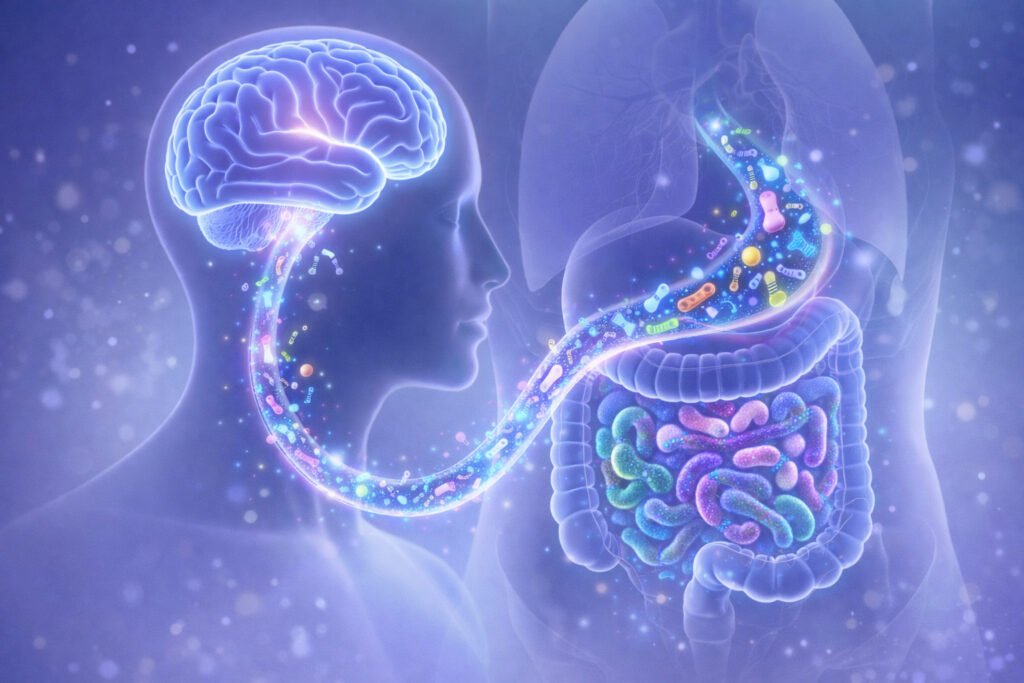 Gut-brain axis illustration showing bidirectional connection between microbiome and mental health
