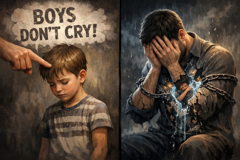 Men’s mental health: a visual metaphor showing how childhood messaging about masculinity creates emotional suppression patterns that persist and cause harm throughout adulthood.  