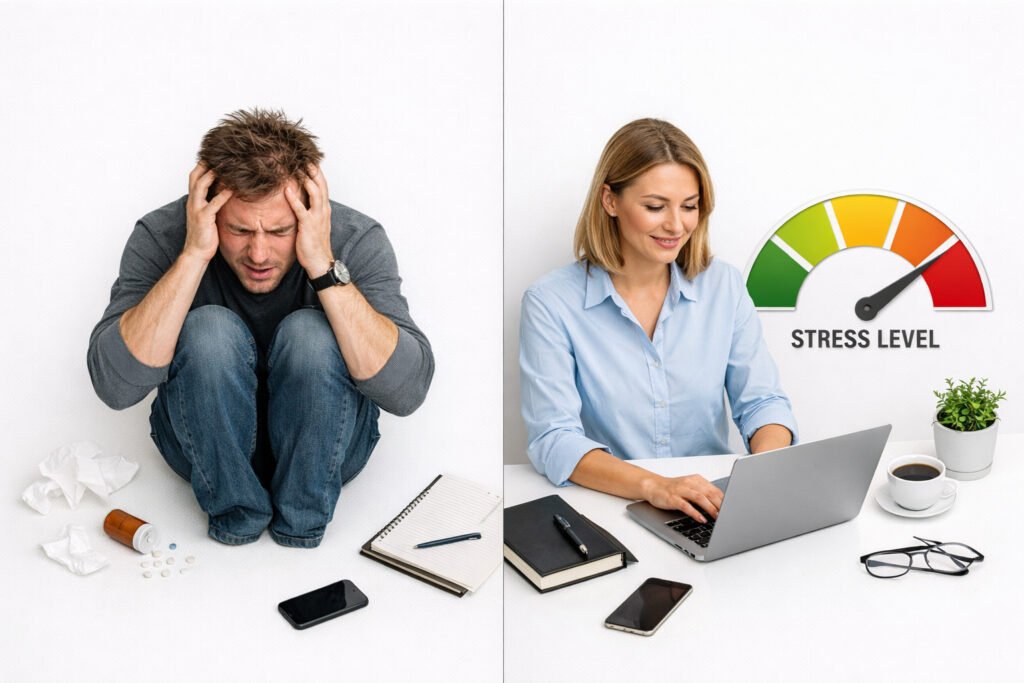 Comparison showing clinical anxiety with visible distress versus high-functioning anxiety with invisible internal struggle behind a composed and productive exterior.