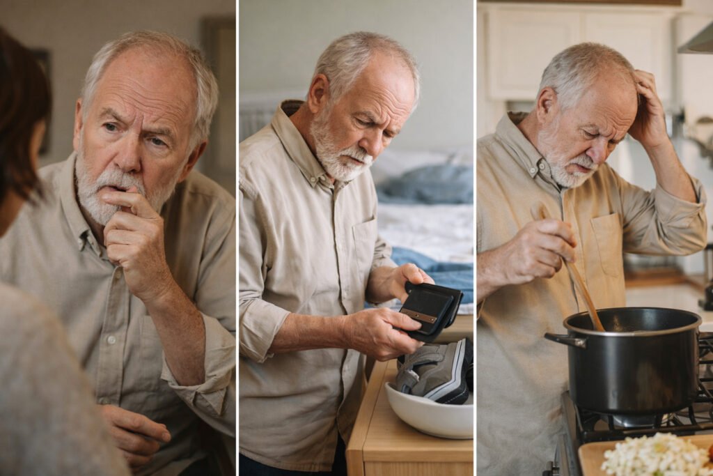 Older adult experiencing subtle early alzheimer's warning signs such as word-finding difficulty and spatial confusion during routine activities.