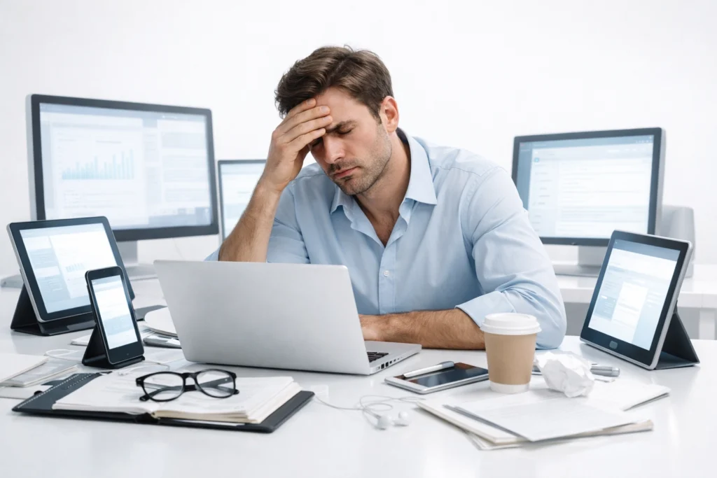 Digital detox—a person is surrounded by multiple glowing screens, showing physical and emotional exhaustion from constant connectivity.  