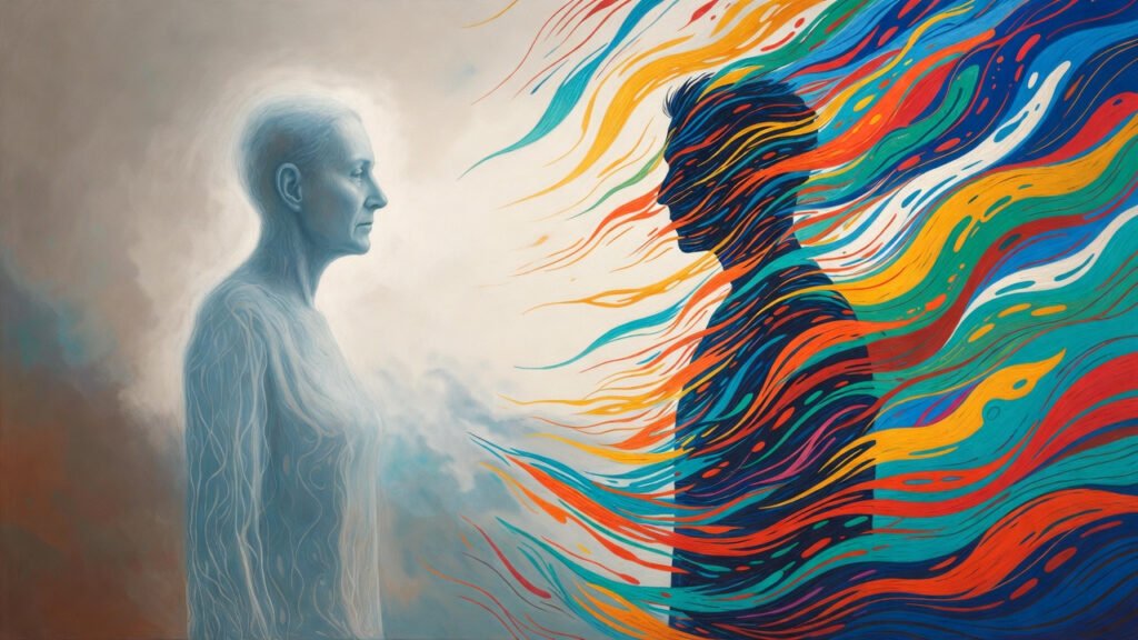 Abstract illustration showing the parallel emotional journey of a person with alzheimer's and their caregiver experiencing ambiguous grief and loss.