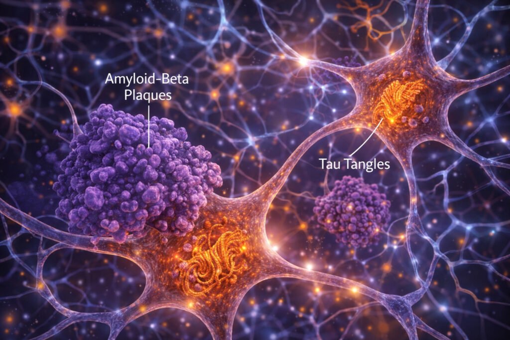 Scientific visualization of amyloid plaques and tau tangles inside neurons showing the pathological mechanisms of alzheimer's disease