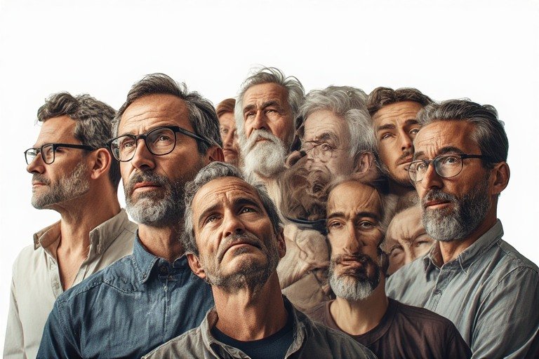 Diverse men in authentic quiet moments showing the emotional depth and internal experience often hidden behind stoic masculine presentation in the context of men's mental