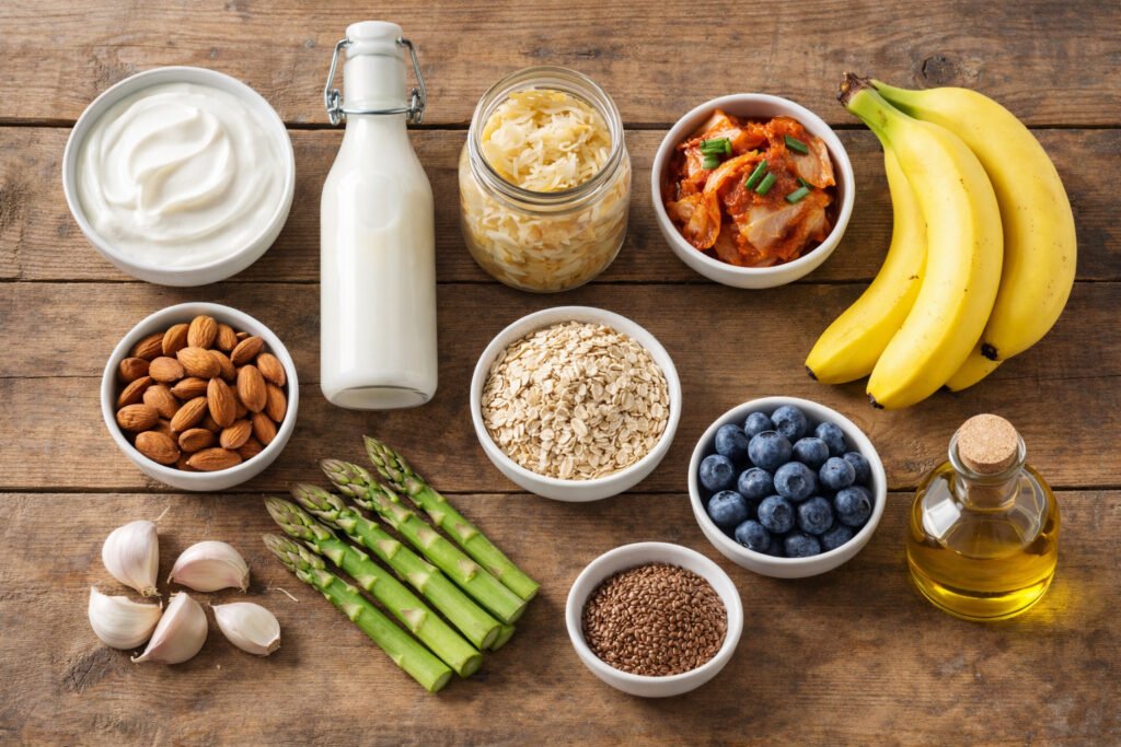 Flat lay of 12 gut health diet foods including kefir, kimchi, oats, and blueberries