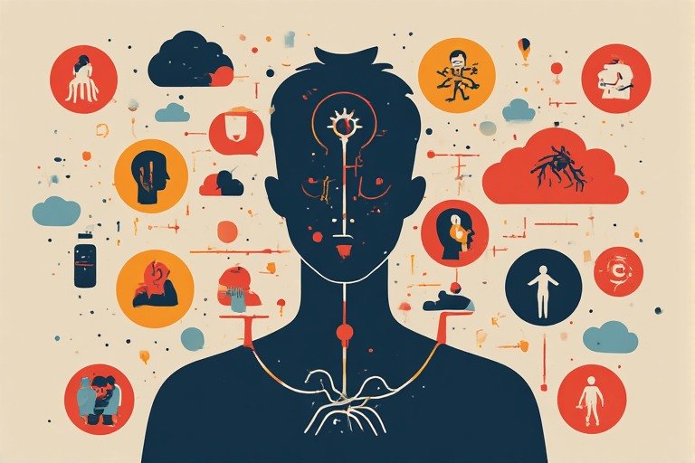 Men’s mental health: male silhouette with icons representing different symptom manifestations: anger cloud, isolation bubble, substance bottle, risk-taking symbol, physical pain indicator