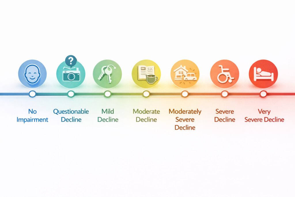 Seven-stage alzheimer's progression timeline from no impairment through very severe decline with functional ability indicators at each phase.