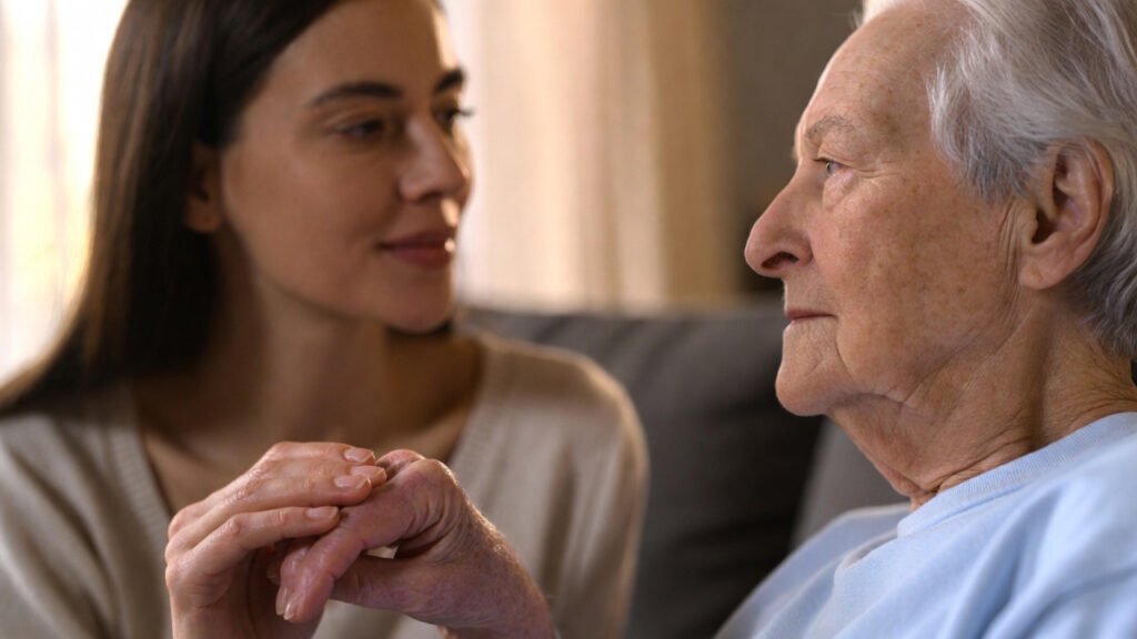 Warm photo of adult child holding hands with parent with alzheimer's during calm conversation, eye contact, gentle touch — intimate, dignified moment