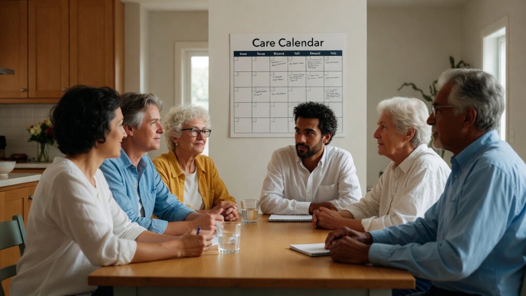 Diverse adult siblings having calm, structured conversation around kitchen table with care calendar visible — collaborative family dynamic
