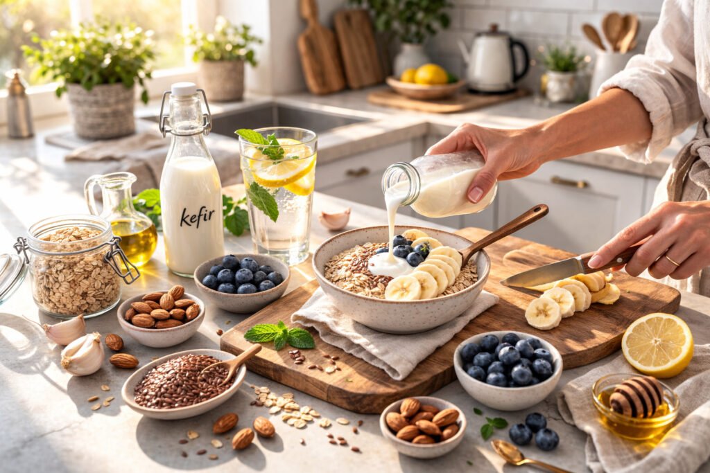 Person preparing a healthy gut-friendly breakfast with fermented foods and fresh produce