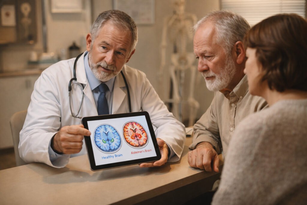 Neurologist reviewing brain imaging results with patient and family member in a compassionate clinical setting.