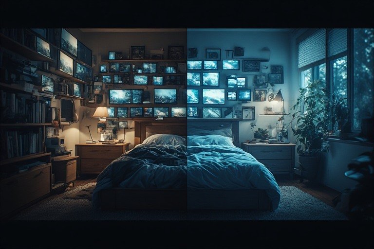 Split comparison showing screen-cluttered modern bedroom disrupting sleep versus a calm optimized sleep environment demonstrating the scale of the current digital sleep disruption crisis.  