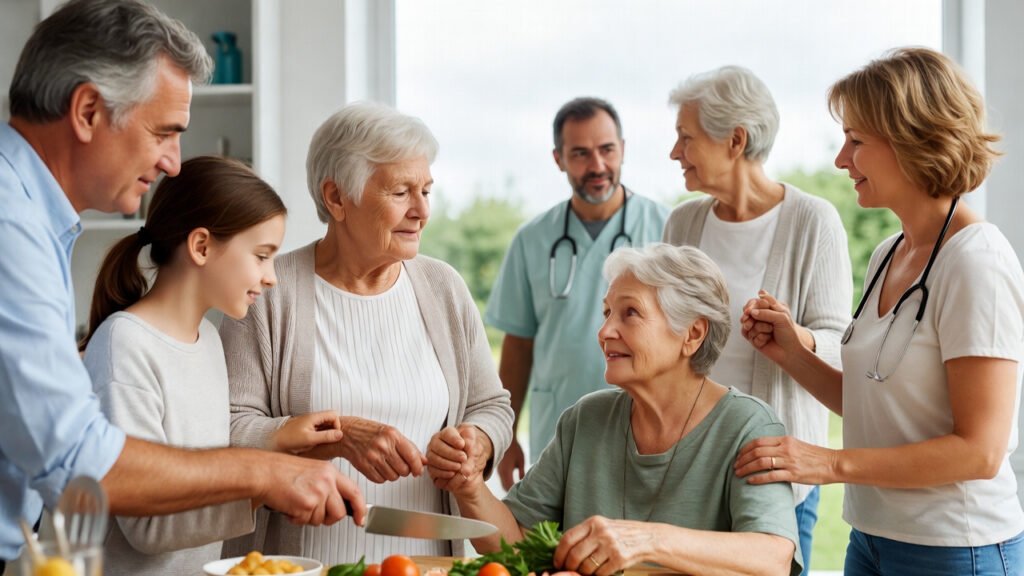 Diverse caregivers supporting a person with alzheimer's through meal preparation, gentle walks, and calm communication showing dignified caregiving approaches.