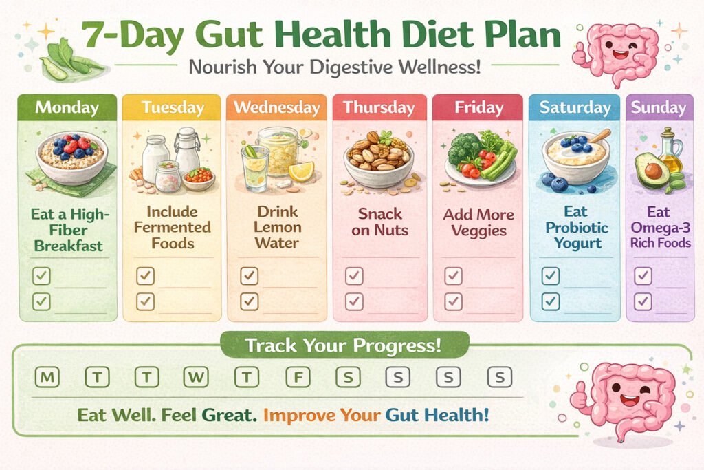 7-day gut health diet action plan calendar showing daily challenges and habits