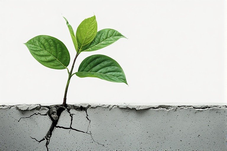 Plant growing through cracked concrete as a metaphor for emotional resilience and strength emerging from vulnerability and struggle