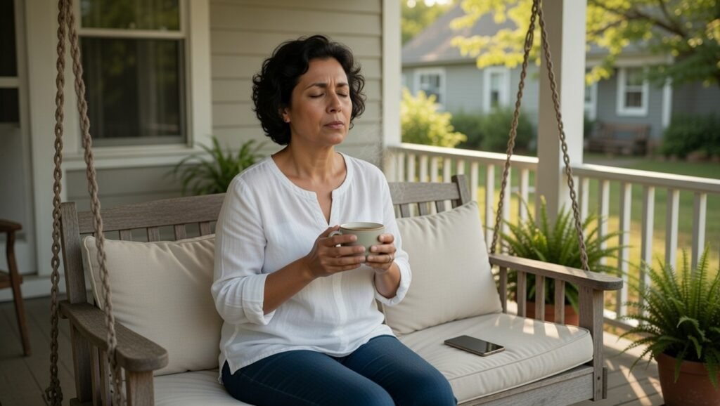 Caregiver taking a brief restorative break outdoors showing realistic self-care practices that sustain long-term caregiving capacity
