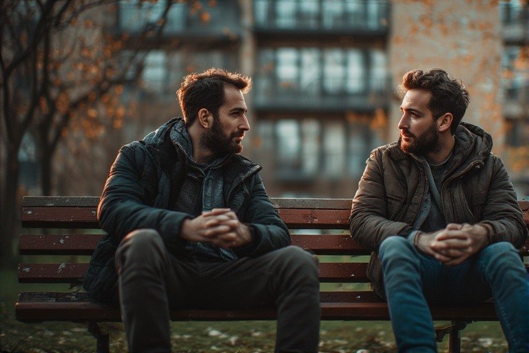 Two men having an honest side-by-side conversation on a park bench showing how male vulnerability happens more naturally in parallel activity settings.
