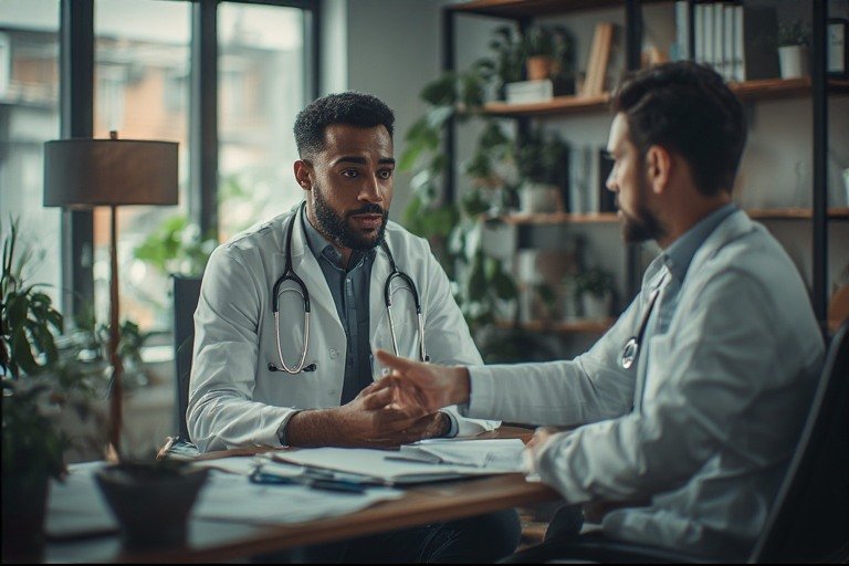 Male therapist in professional office setting conducting a respectful and engaged therapy session focused on men's mental health needs.