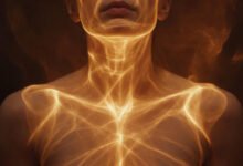 Somatic therapy—human figure with highlighted areas of physical tension showing where trauma and chronic stress are commonly stored in the body, including shoulders, jaw, and solar plexus.