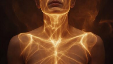 Somatic therapy—human figure with highlighted areas of physical tension showing where trauma and chronic stress are commonly stored in the body, including shoulders, jaw, and solar plexus.