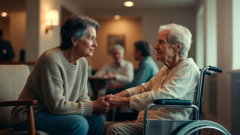 An adult child visiting a parent in a memory care facility holding hands, showing that professional care can coexist with deep family love and connection.  