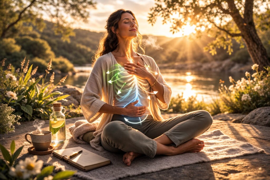 Person practicing conscious diaphragmatic breathwork outdoors showing the physical engagement and visible calm of effective nervous system regulation through breath.