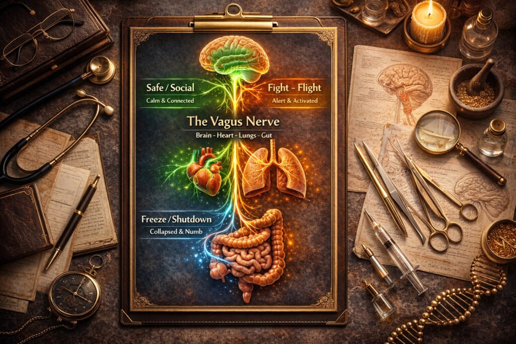 Vagus nerve illustration showing polyvagal theory's three nervous system states from safe social engagement through fight-flight to freeze shutdown with color coding for each state.
