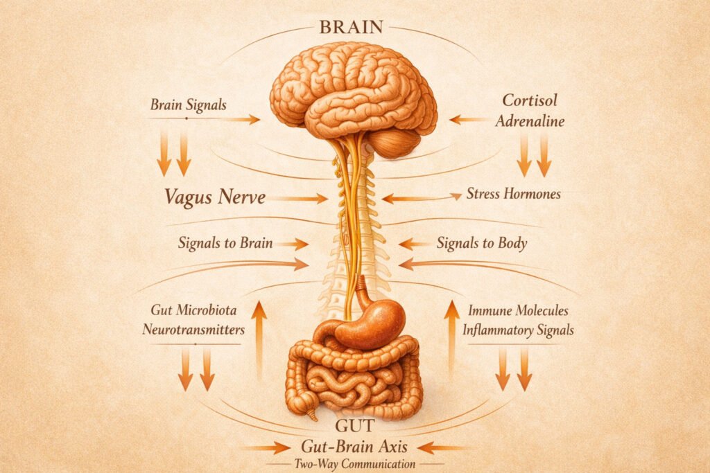 Scientific visualization of the gut-brain axis showing the vagus nerve connection between brain and gut microbiome and their bidirectional influence on mood, anxiety, and cognitive function.  