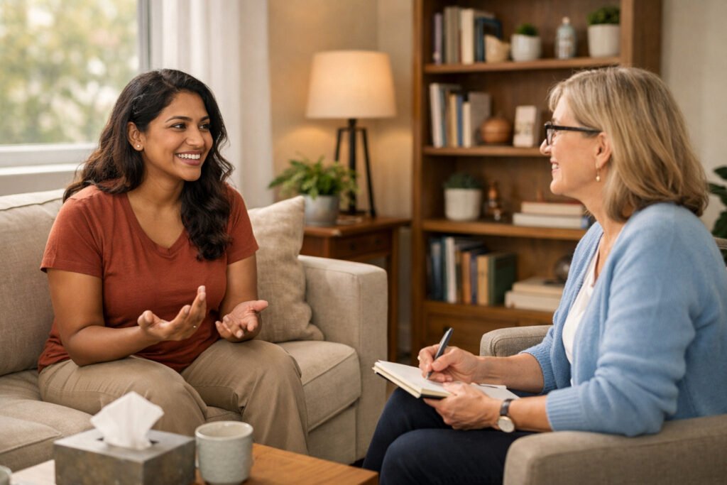Diverse individual in a warm therapy setting showing professional mental health support as a normalized and accessible part of comprehensive mental wellness practice.