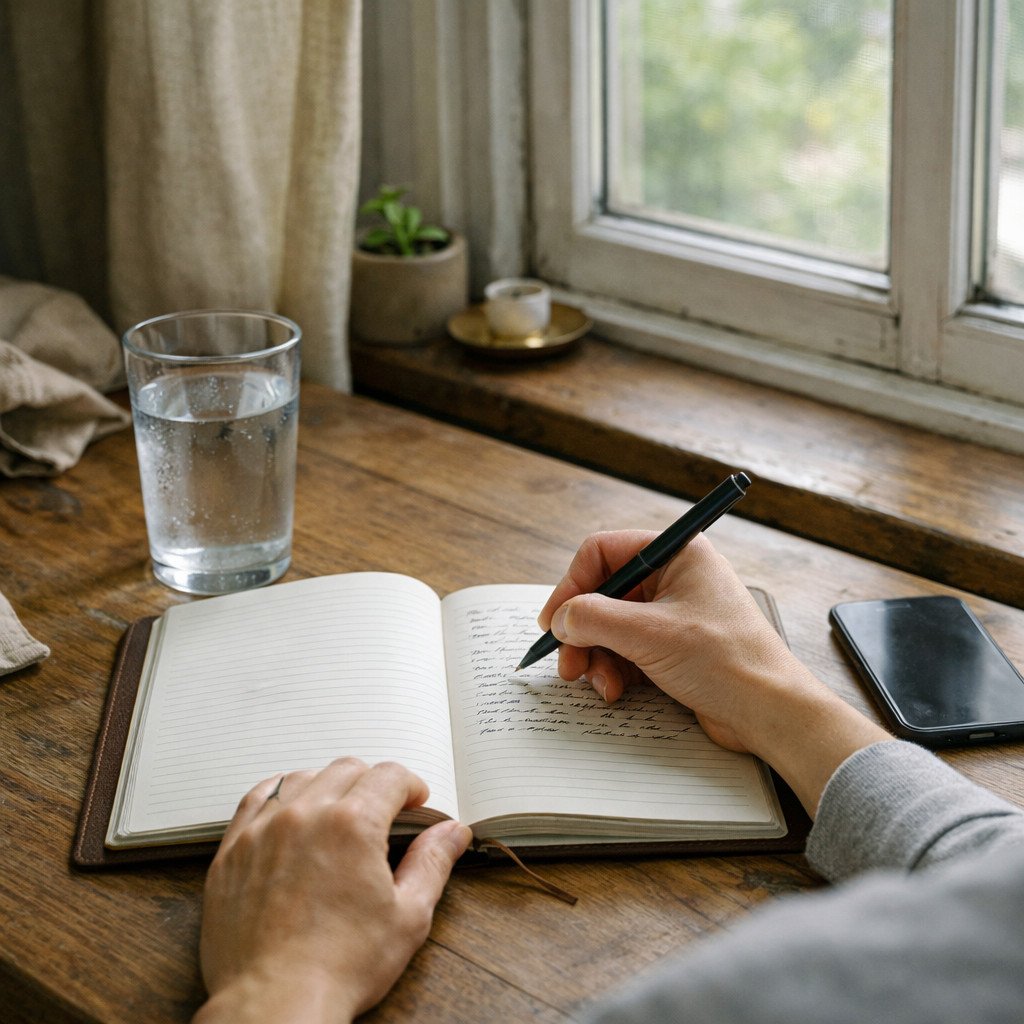Person engaged in a calm intentional morning wellness practice showing journaling, hydration, and screen-free time as sustainable daily mental health habits.