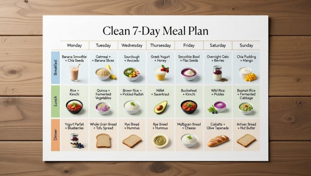 A clean 7-day gut health meal plan calendar infographic showing daily synbiotic breakfasts, lunches, and dinners, styled in a luxury clinical 4k layout on a wooden background.