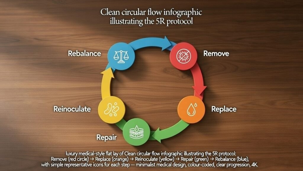 "a professional 5r protocol infographic for leaky gut repair protocol featuring five colored circular icons: remove (red), replace (orange), reinoculate (yellow), repair (green), and rebalance (blue). Each step includes a minimalist representative icon illustrating the clinical stages of restoring intestinal permeability and gut barrier health in 2026. "