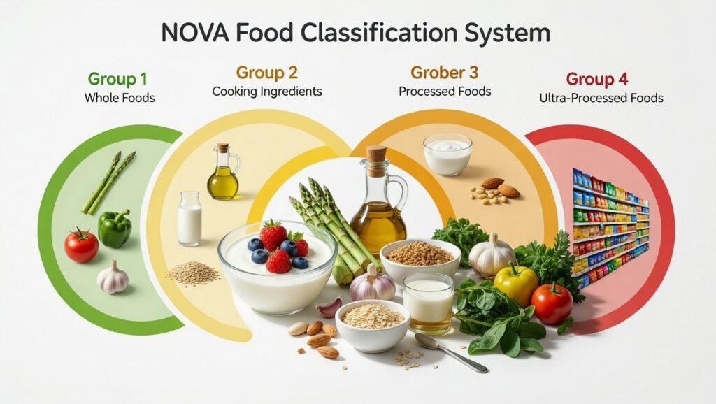 Ultra-Processed Foods And Ibs: What 2026 Research Really Shows 3 Clean educational infographic illustrating the nova food classification system and its role in identifying ultra-processed foods and ibs triggers, clinical luxury aesthetic.