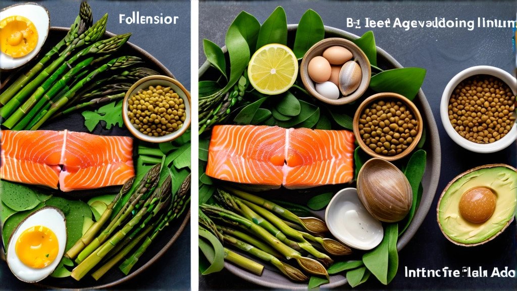Vitamin deficiency anemia: shows b12 food sources (salmon, eggs, dairy, beef liver, clams) with absorption pathway including