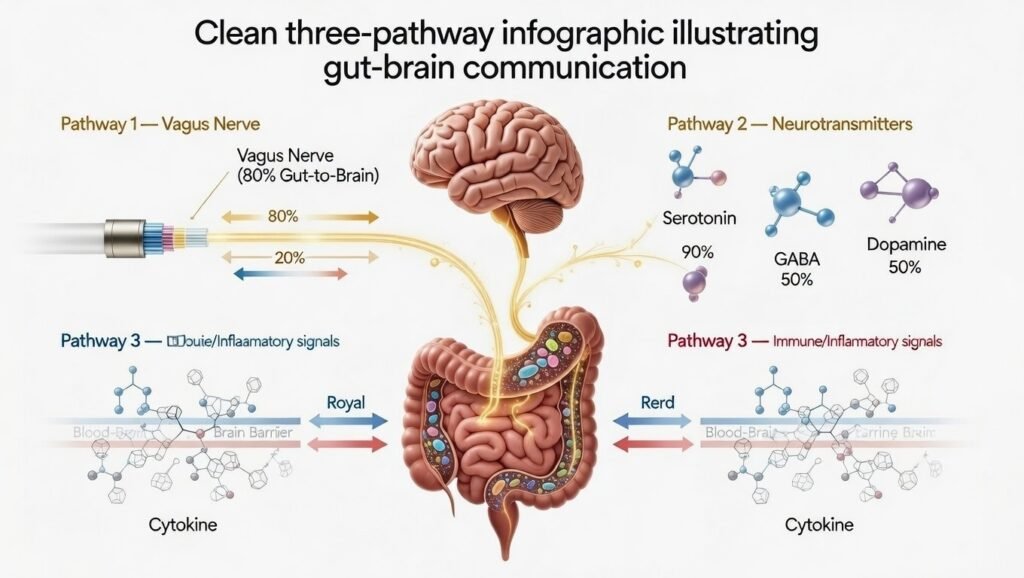 Clean three-pathway infographic illustrating gut-brain anxiety communication: vagus nerve shown as a glowing neural cable with directional arrows (80% gut-to-brain), neurotransmitters (serotonin, gaba, dopamine) with gut production percentages, and immune cytokine signals crossing the blood-brain barrier