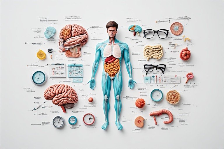 A body map showing physical symptoms caused by unaddressed emotional distress in men including headaches, chest tightness, digestive issues, and chronic fatigue.