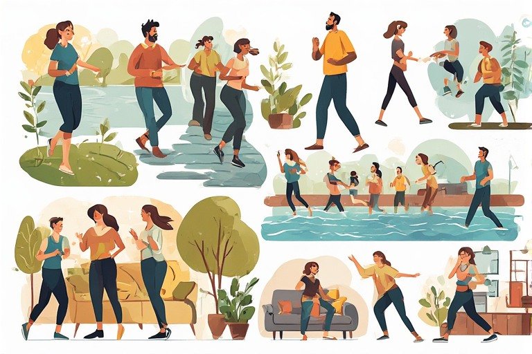 Diverse adults engaging in varied everyday movement forms including walking, swimming, yoga, and dancing showing that movement as mental health medicine doesn't require a gym or athletic performance.