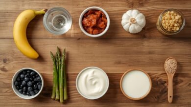 Alt text: a luxury flat lay of probiotic and prebiotic food pairings including kefir, asparagus, and kimchi on a wooden surface, 4k clinical aesthetic.