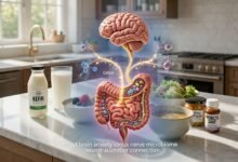 Detailed 3d medical illustration visualizing the physical gut-brain anxiety connection via the vagus nerve. The luminous electric blue nerve pathway shows 90% upward directional arrows, demonstrating dominant afferent signaling from the gut microbiome to the brainstem to regulate emotion and stress in 2026.