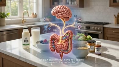 Detailed 3d medical illustration visualizing the physical gut-brain anxiety connection via the vagus nerve. The luminous electric blue nerve pathway shows 90% upward directional arrows, demonstrating dominant afferent signaling from the gut microbiome to the brainstem to regulate emotion and stress in 2026.