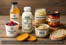 Best probiotic foods kefir kimchi sauerkraut yogurt miso kombucha for gut health.