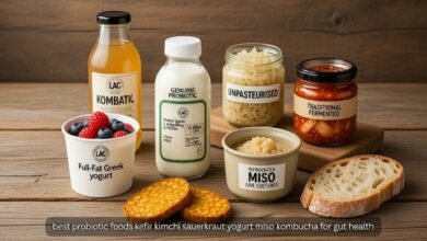 Best probiotic foods kefir kimchi sauerkraut yogurt miso kombucha for gut health.