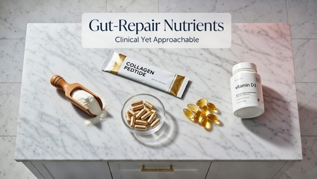 Flat lay supplement photography on white marble surface showing phase 3 post-covid gut repair nutrients: l-glutamine powder, zinc carnosine, collagen peptides, omega-3 capsules, and vitamin d3 for intestinal permeability healing in 2026.