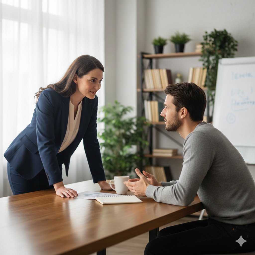 Manager conducting a supportive one-on-one conversation showing how leaders can identify and address early burnout signs through genuine engagement rather than surveillance or performance pressure. -workplace mental health 2026