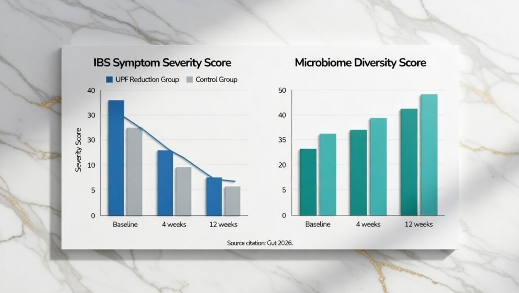 Ultra-Processed Foods And Ibs: What 2026 Research Really Shows 5 A clinical side-by-side comparison on a white surface, with red and teal accent lighting, illustrating the impact of ultra-processed foods and ibs reduction on two graphs: ibs symptom severity and microbiome diversity, from 2026 data.