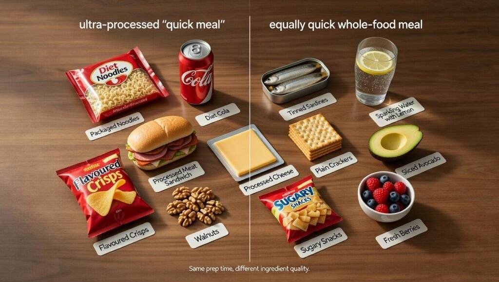 Ultra-Processed Foods And Ibs: What 2026 Research Really Shows 6 A clinical side-by-side comparison on a marble counter showing ultra-processed, high-sugar, and inflammatory foods vs. Anti-inflammatory, whole-food alternatives for ibs recovery, with soft teal and red accent lighting.