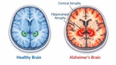Medical brain scans comparing healthy brain tissue against alzheimer's-disease related atrophy in the hippocampus and cortex regions.