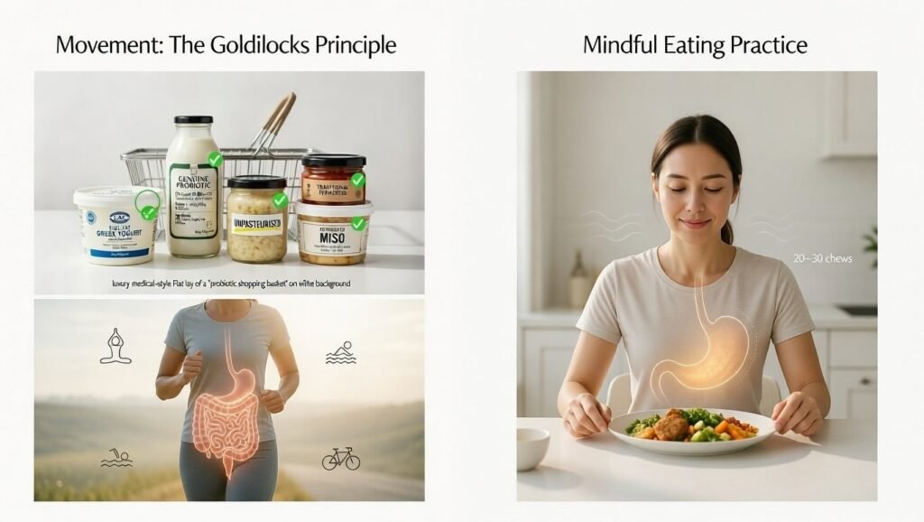 Minimalist medical-style composition illustrating a leaky gut repair protocol lifestyle: a pair of white walking shoes symbolizing moderate movement, a balanced plate with fermented foods for mindful eating, and a glowing vagus nerve icon supporting intestinal permeability repair (2026 guide).